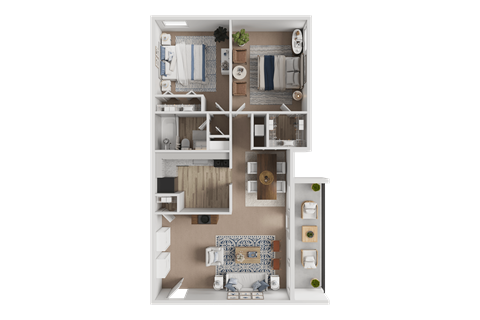 Floor plan for 2 beds, 1 bath, 894 sqft